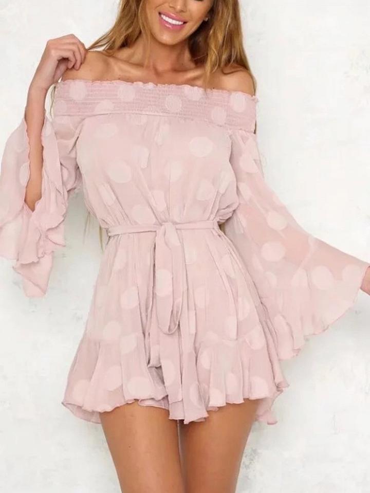 Choies Pink Off Shoulder Tie Waist Polka Dot Long Sleeve Dress