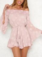 Choies Pink Off Shoulder Tie Waist Polka Dot Long Sleeve Dress