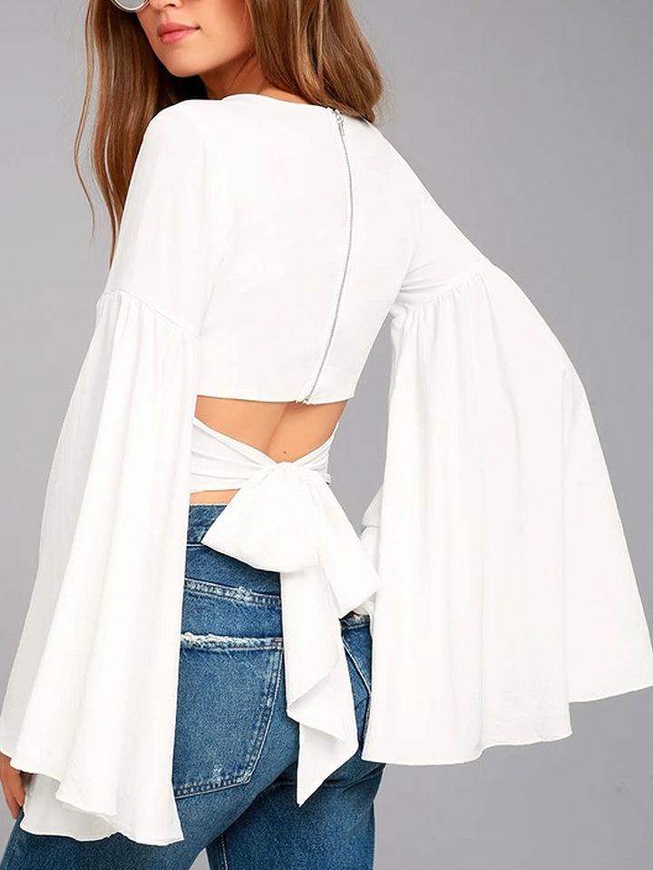 Choies White V-neck Cut Out Tie Back Flared Sleeve Crop Top