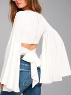 Choies White V-neck Cut Out Tie Back Flared Sleeve Crop Top