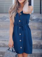Choies Dark Blue Cotton Button Placket Front Chic Women Cami Mini Dress