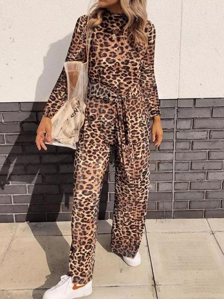 Choies Brown Leopard Print Tie Waist Long Sleeve Women Jumpsuit