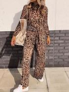 Choies Brown Leopard Print Tie Waist Long Sleeve Women Jumpsuit