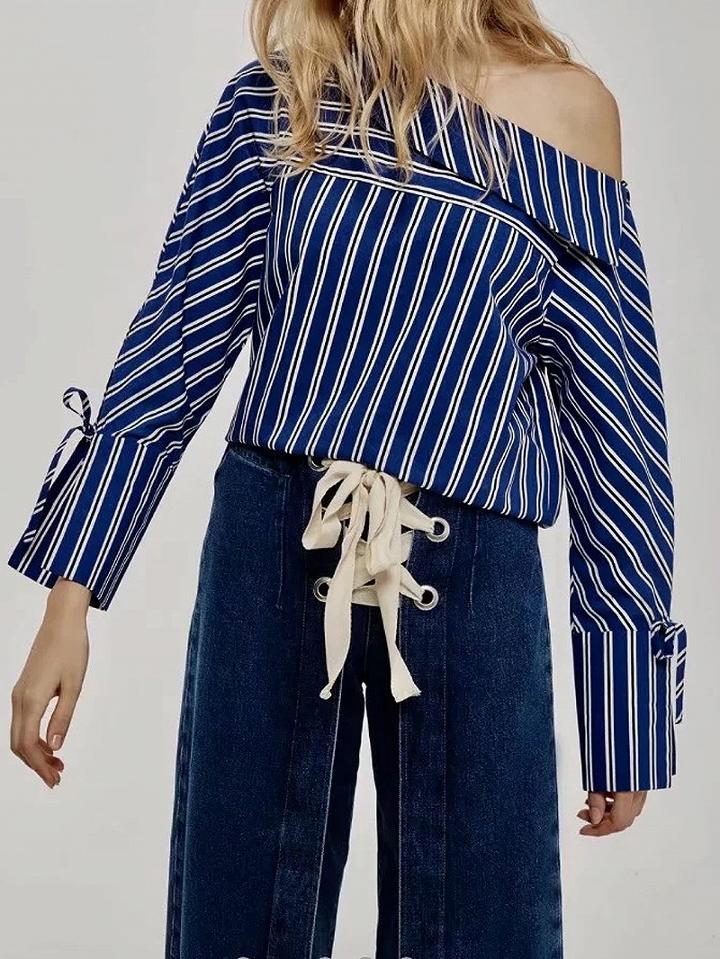 Choies Blue Stripe One Shoulder Tie Sleeve Shirt
