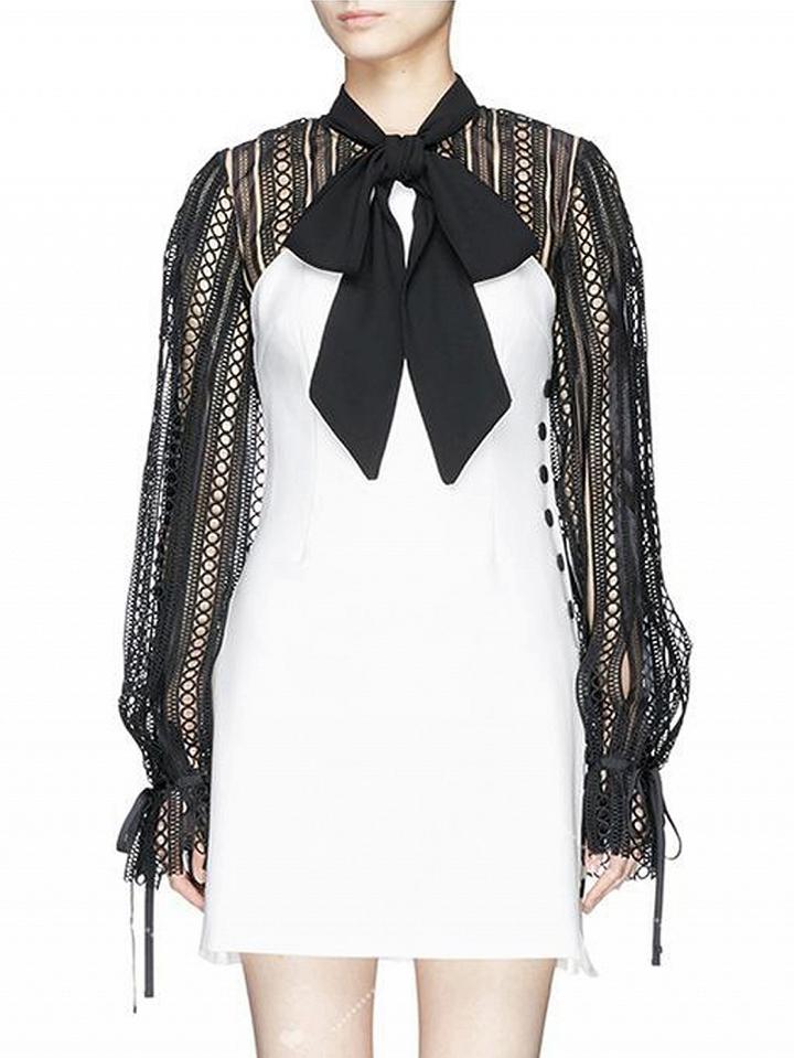 Choies Color Block Bow Tie Cut Out Puff Sleeve Shift Mini Dress