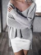 Choies Gray V-neck Dipped Hem Long Sleeve Women Sweater