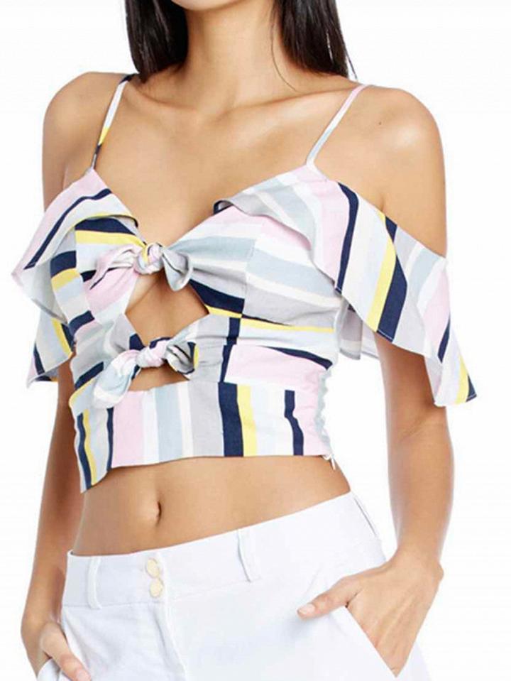 Choies White Stripe Spaghetti Strap Knot Front Ruffle Trim Crop Top