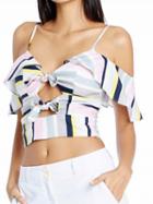 Choies White Stripe Spaghetti Strap Knot Front Ruffle Trim Crop Top