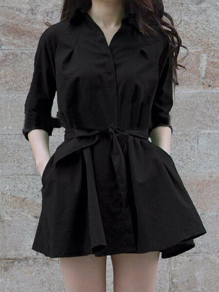 Choies Black Tie Waist Long Sleeve Shirt Dress-top