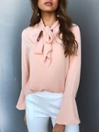 Choies Light Pink Tie Neck Bell Cuff Long Sleeve Shirt