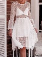 Choies White Asymmetric Hem Flare Sleeve Chic Women Lace Dress