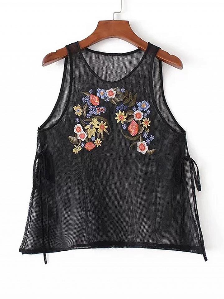 Choies Black Embroidery Floral Tie Side Sheer Mesh Vest Top