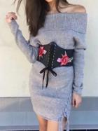 Choies Gray Off Shoulder Lace Up Side Long Sleeve Knit Mini Dress