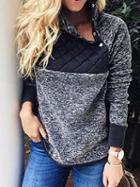 Choies Blue High Neck Plaid Panel Long Sleeve Women Fleece Sweatshirt