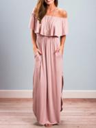 Choies Pink Off Shoulder Thigh Split Detail Maxi Dress