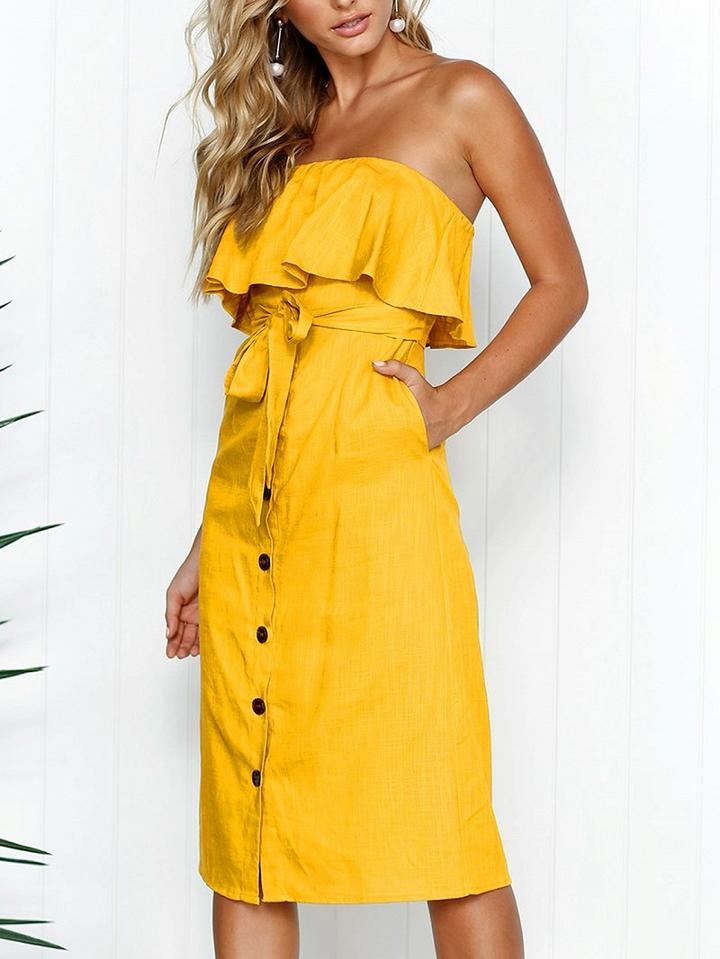 Choies Yellow Bandeau Tie Waist Button Placket Front Midi Dress