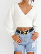 Choies White V-neck Tie Back Long Sleeve Chic Women Knit Crop Sweater