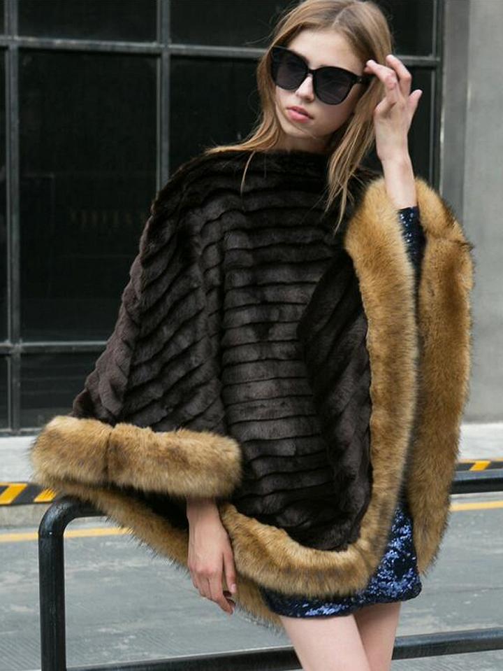 Choies Brown Pull-on Fluffy Faux Fur Poncho Coat