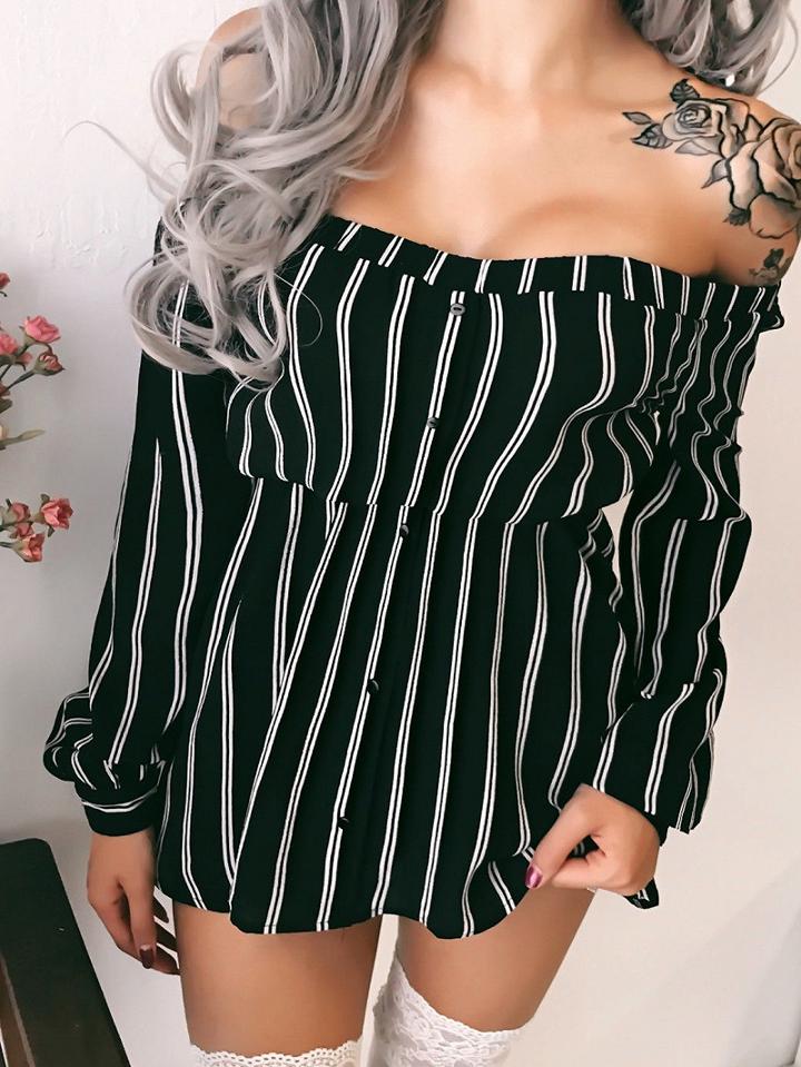 Choies Black Off Shoulder Stripe Long Sleeve Mini Dress
