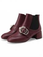 Choies Burgundy Faux Pearl Embellished Metal Circle Buckle Ankle Boots