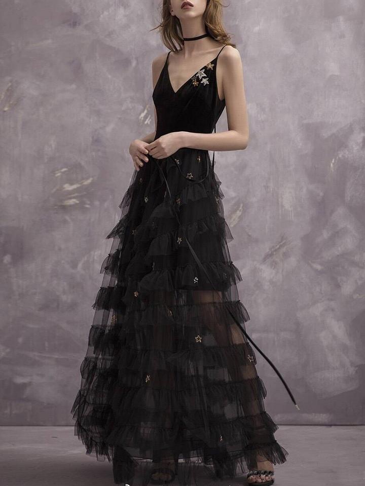 Choies Black Velvet Star Embellished Mesh Panel Maxi Dress