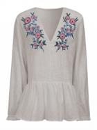Choies Gray V-neck Floral Embroidered Detail Peplum Blouse