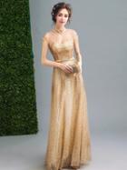 Choies Gold Stand Collar Sequin Embellished Mesh Panel Maxi Prom Dress