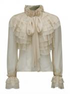 Choies Beige High Neck Bow Tie Front Layered Ruffle Sheer Shirt