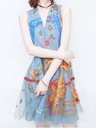 Choies Blue V-neck Embroidery Detail Chic Women Sheer Mesh Mini Dress