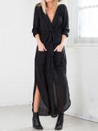 Choies Black Chiffon Plunge Tie Waist Split Long Sleeve Chic Women Maxi Dress