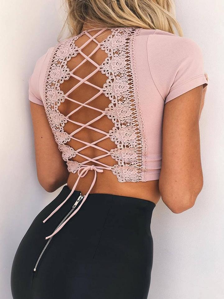 Choies Pink Plunge Lace Panel Lace-up Back Crop Top