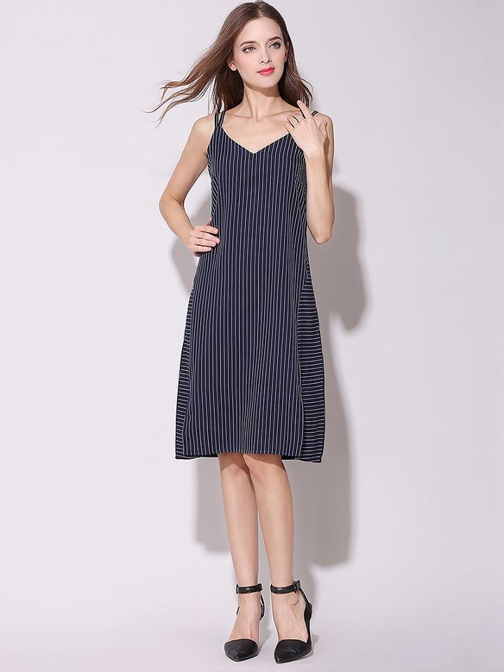 Choies Navy Blue Stripe Cross Back Cami Dress
