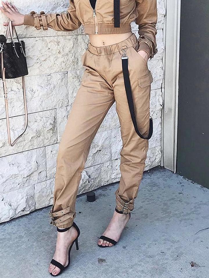 Choies Khaki High Waist Buckle Strap Chic Women Pants