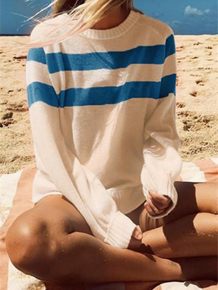 Choies Blue Stripe Panel Long Sleeve Chic Women Sweater