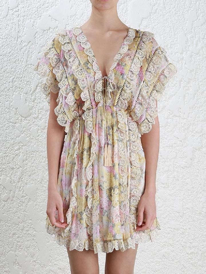 Choies Polychrome Floral Plunge V-neck Tie Front Embroidery Trim Mini Dress