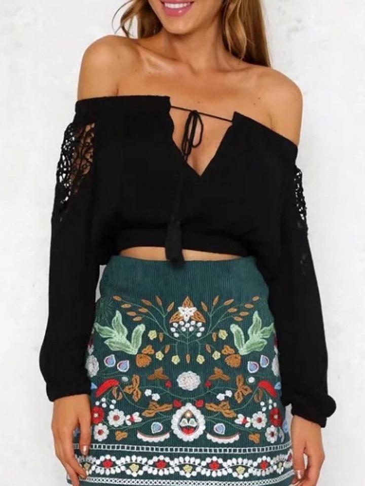 Choies Black Off Shoulder Lace Panel Tassel Tie Long Sleeve Blouse