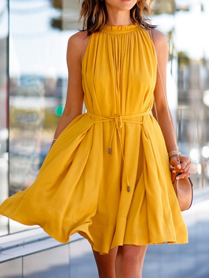 Choies Yellow Tie Waist Pocket Detail Frill Trim Sleeveless Mini Dress