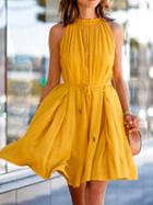 Choies Yellow Tie Waist Pocket Detail Frill Trim Sleeveless Mini Dress