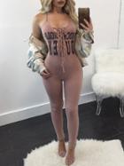 Choies Pink Spaghetti Strap Lace Up Front Letter Print Jumpsuit