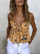 Choies Yellow V-neck Floral Print Tie Front Ruffle Hem Cami Top