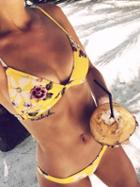 Choies Yellow Floral Print Bikini Top And Bottom