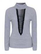 Choies Gray Roll Neck Lace Up Front Rib Knitted Sweater