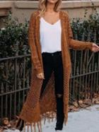 Choies Brown Open Front Tassel Trim Long Sleeve Knit Longline Cardigan