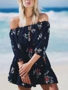 Choies Dark Blue Off Shoulder Tie Waist Print Detail Mini Dress