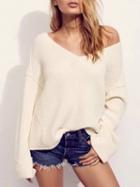 Choies White V-neck Long Sleeve Turn Up Cuff Knit Sweater