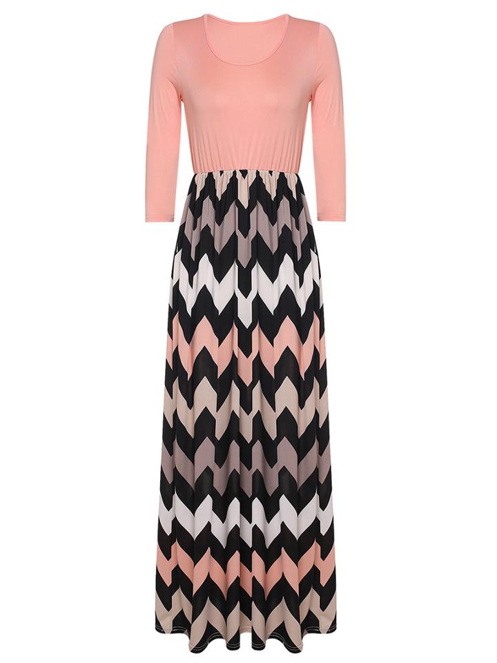 Choies Pink Contrast Chevron Print 3/4 Sleeve Maxi Dress