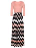 Choies Pink Contrast Chevron Print 3/4 Sleeve Maxi Dress