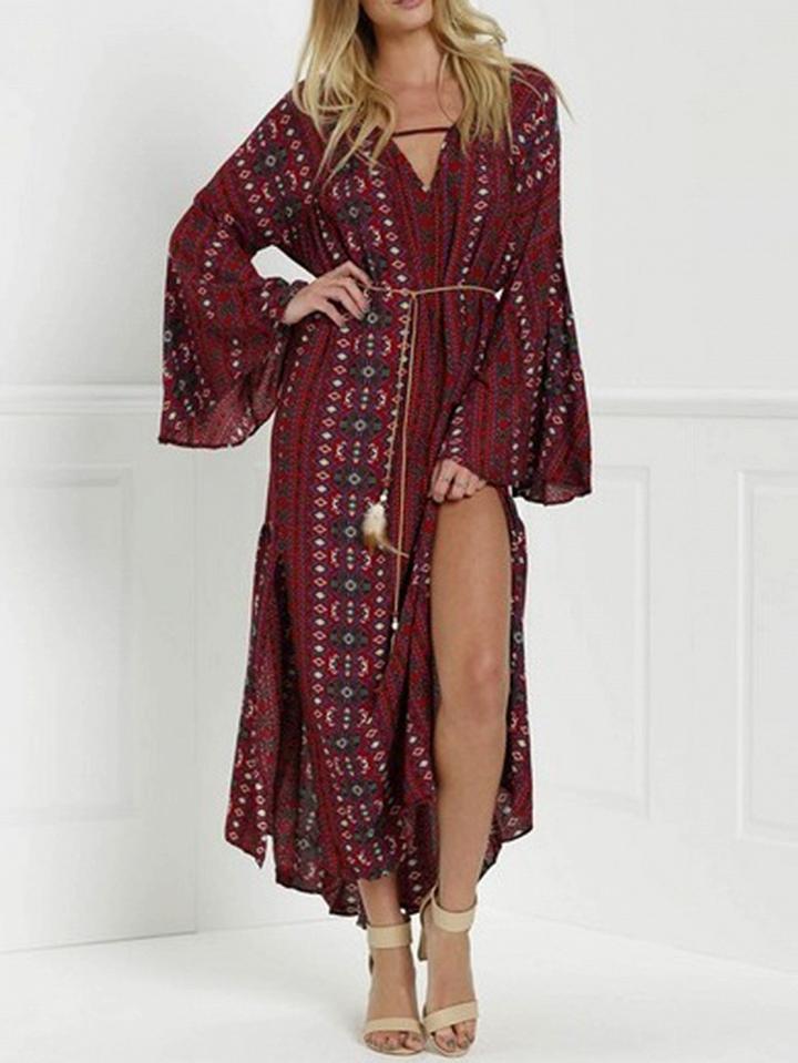 Choies Red V-neck Print Detail Thigh Split Flare Sleeve Maxi Dress