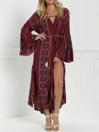 Choies Red V-neck Print Detail Thigh Split Flare Sleeve Maxi Dress
