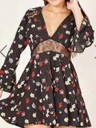 Choies Black V-neck Lace Panel Floral Print Flare Sleeve Mini Dress